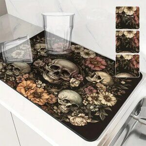 1pc Gothic Floral Skull Design Dish Drying Mat 15.75-11.81inch